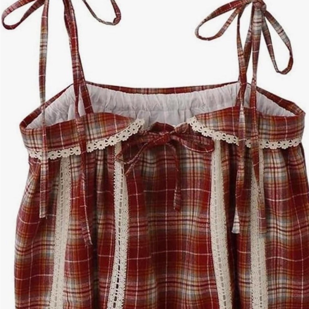 Red Plaid Sleeveless Top with Lace Trim